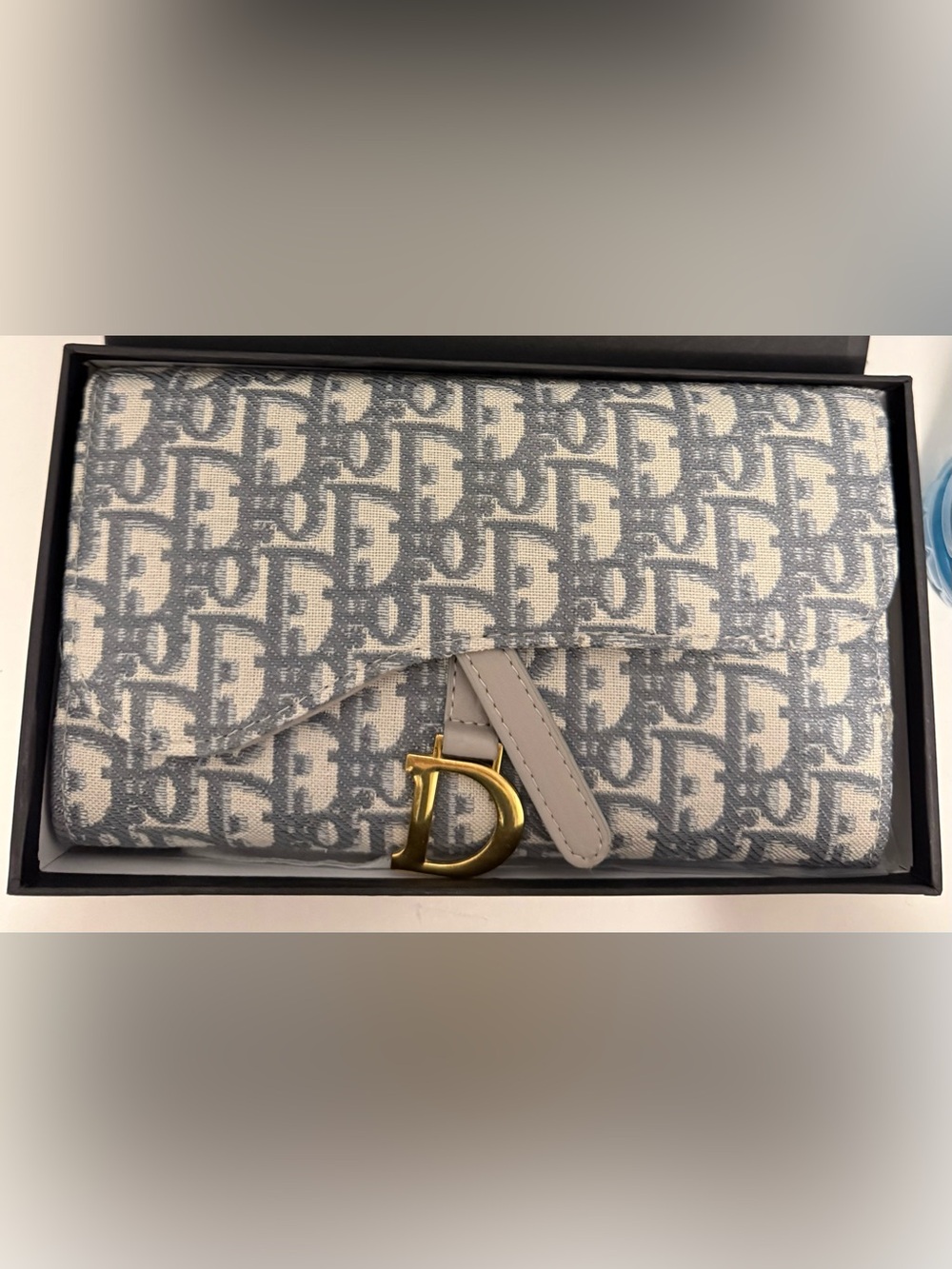 Dior Blue and White Oblique Canvas Card Holder with Gold D Charm